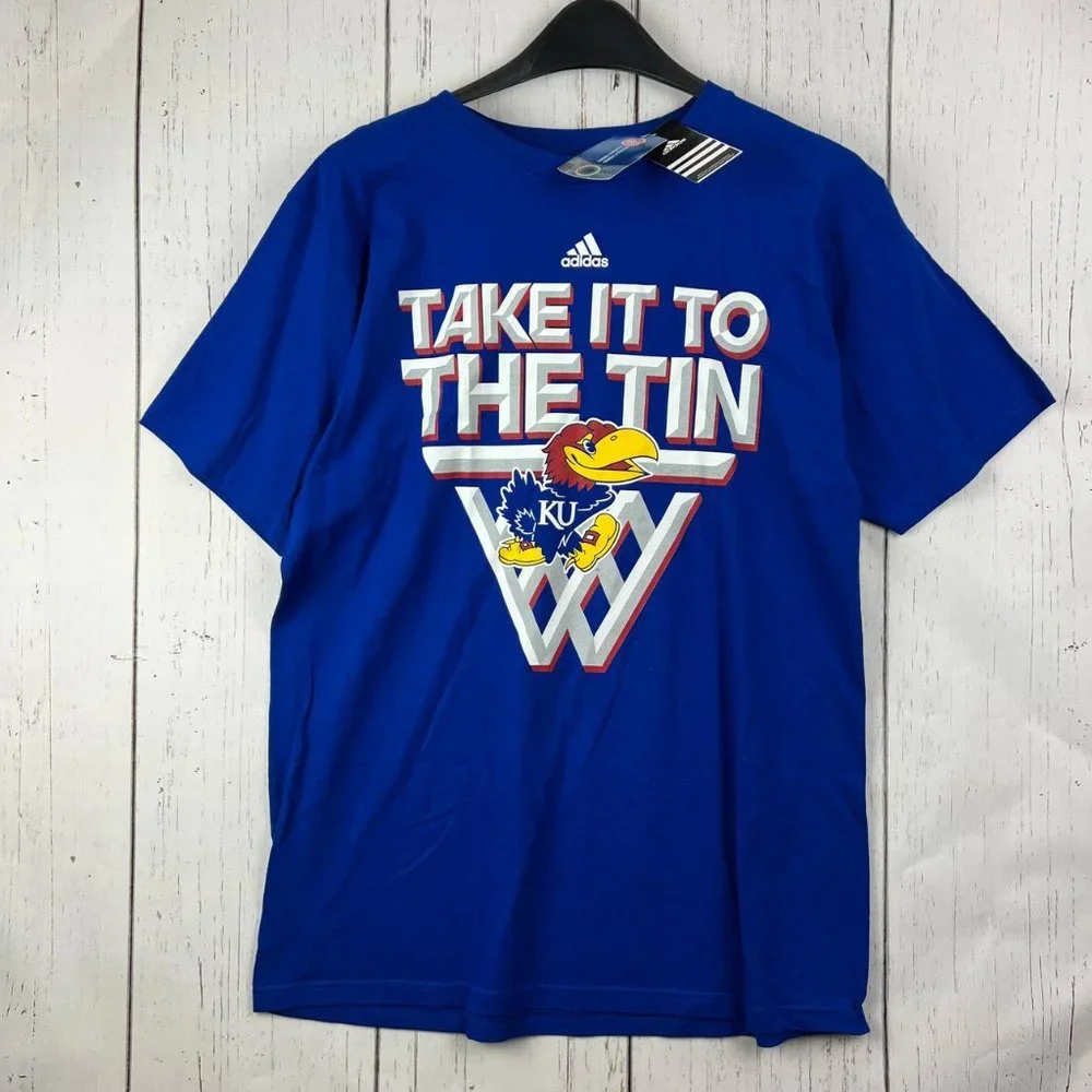 Kansas Jayhawks Basketball NCAA Large Adidas‎ Casual T-Shirt Blue New Men Cotton